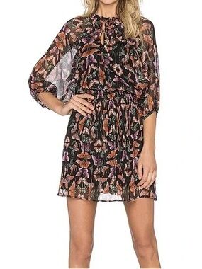 Rebecca Minkoff Sheer Butterfly Print Black Mini Dress with Tie Neck